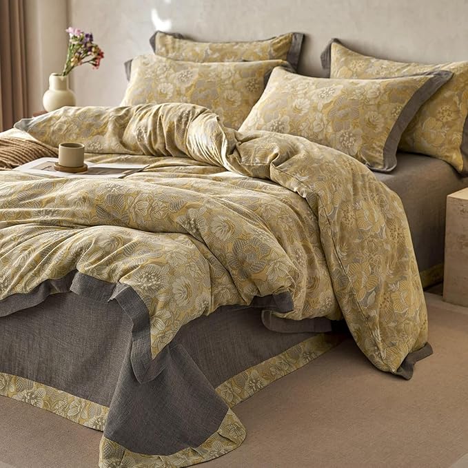 Golden Floral Duvet Cover Twin XL Vintage Jacquard Flower Bedding Set Linen Cotton Yarn-Dyed Textured Duvet Cover Bordered Farmhouse Boho Floral Comforter Cover with Zipper Closure Cozy Breathable