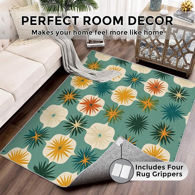 Mid Century Modern Rugs for Living Room Decor, 4x5 ft, Retro Geometric Flower Area Rugs for Bedroom, Soft Non Slip Washable 70s MCM Atomic Carpet Home Decorations D-g48