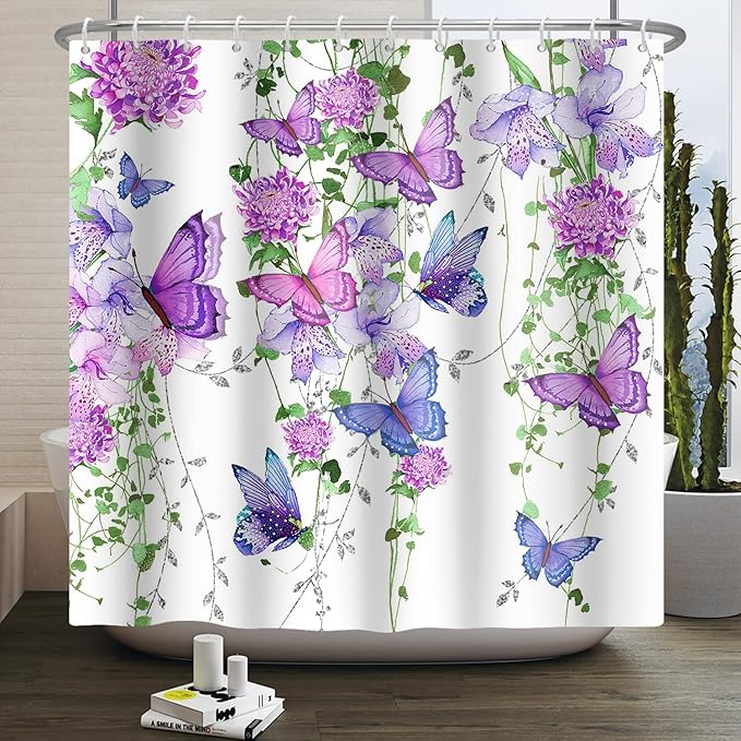 Violet Butterfly Floral Shower Curtain Spring Lavender Shower Curtain Lilac Pink Floral Bathroom Decor Waterproof Polyester Fabric with 12 Hooks,69x70 Inches