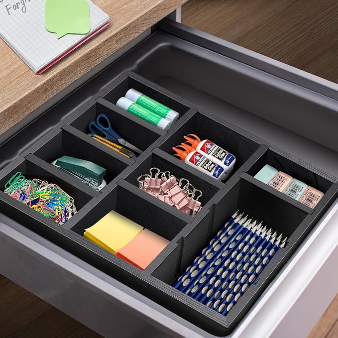 TEESSFROOD Desk Drawer Organizer Tray with 9 Adjustable Compartments, Wooden Office Desk Accessories Supplies Organization Storage for Desktop Bathroom Vanity Makeup Black