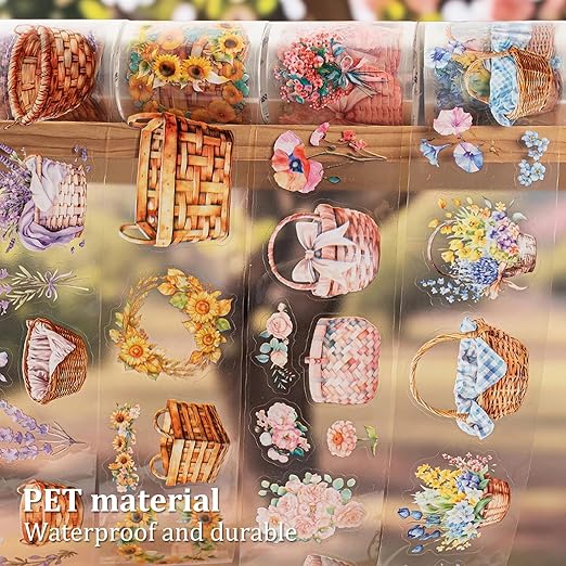 AuriicLeaf Flower Basket PET Tape Set, 6 Rolls Pre-Cut Vintage Floral Scrapbook Supplies for Journaling, DIY Crafts, and Planners,with Clip