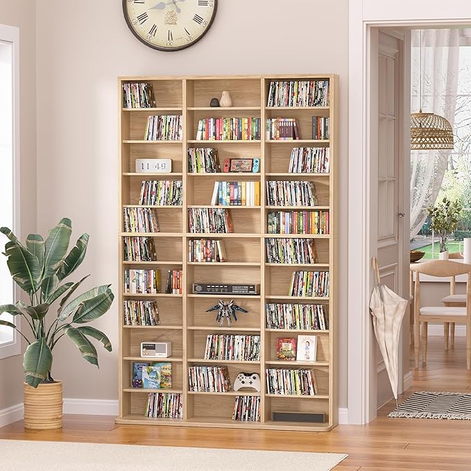 LELELINKY 11 Tier Tall Display Cabinet, Natural Media Storage Cabinet with Adjustable Shelves, Free Standing DVD Organizer Shelf, Multimedia Storage Manga Bookshelf for Living Room & Home Office.
