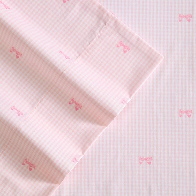 Laura Ashley Kids - Full Sheet Set, Soft & Wrinkle-Resistant Toddler Bedding Set, Deep Pockets, Girl Bed Sheets with Matching Fitted Sheet & Pillowcases (Tiny Bows Pink)