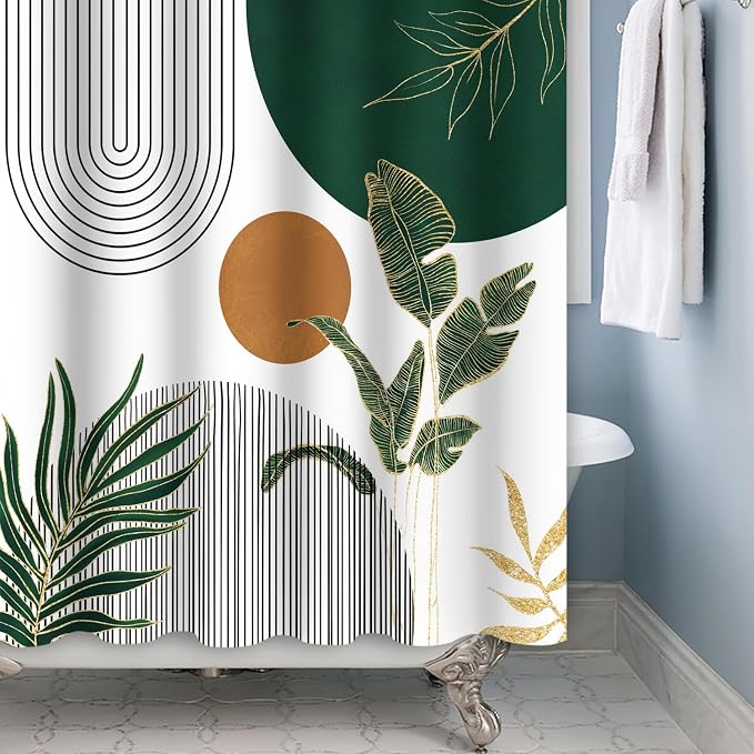 Mid Century Boho Modern Shower Curtain for Bathroom Abstract Sun Arch Geometric Leaves Minimalist Shower Curtain Set Waterproof Polyester Fabric 72x108 Inches