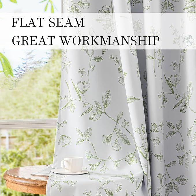 ChrisDowa 100% Blackout Floral Curtains 84 Inches Long 2 Panels for Bedroom Living Room Sage Green Flower Patterned Room Darkening Thermal Insulated Soundproof Grommet Window Treatments Drapes,52X84