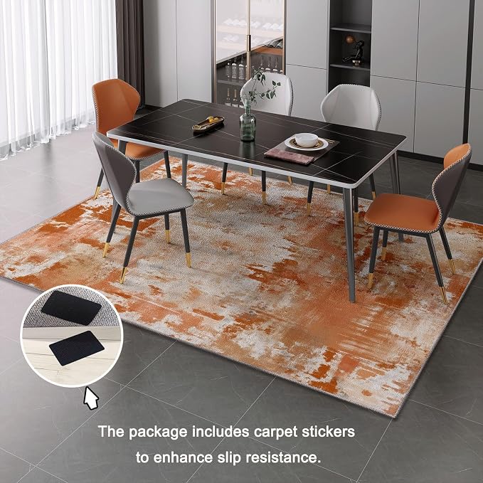 5x7 Washable Area Rug, Orange Color Retro Distressed Textured Design Non Slip Non-Shedding Rug Easy Care for Living Room Bedroom Kitchen Office Carpet