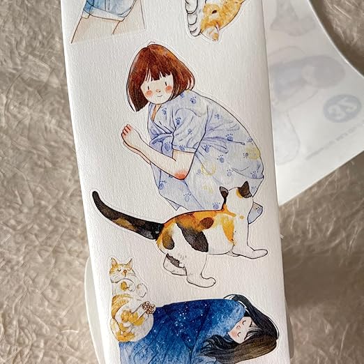 DingDing Vol9-32 My Pet Baby,Pre-Cut Washi Paper PET Tape Stickers,Original Design Vintage Girls&Cute Pets Playing,for Scrapbook Supplies,Scrapbook Tape, Journaling Stickers,Bullet Journals