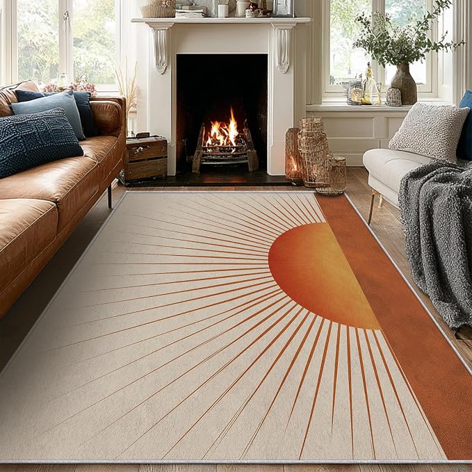 Retro Sunburst Area Rug, Mid Century Sun Pattern Carpet, Washable Non Slip Low Pile Soft Thin, Living Room Bedroom Home Decor Mat 5x7ft