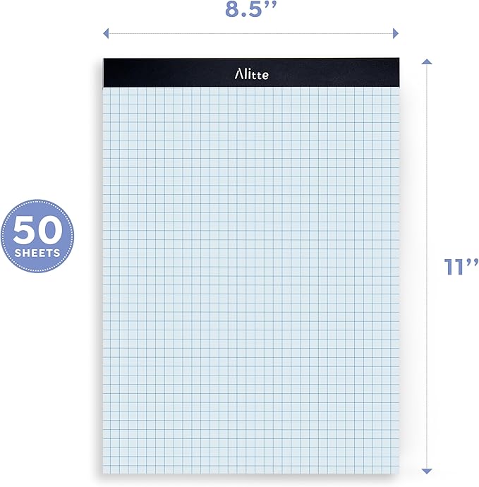 Alitte Graph Paper Pad, Pack of 3, White Letter Size - 4x4 Quad Grid Paper, With Blue Lines - Easy-Tear Perforations, 11x8.5 Cardboard Backing - Graph Notepads for School, Office -50 Sheets per Pad