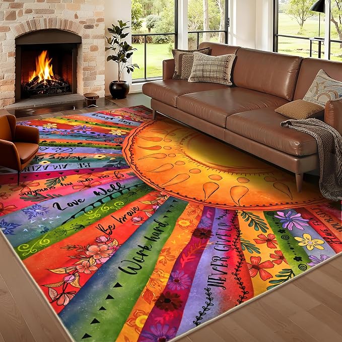Likiyol Sun Area Rug 3x5 Rugs for Bedroom, Non Slip Washable Rugs for Living Room Soft Faux Cashmere Inspirational Bedroom Rug, Large Throw Rugs with Rubber Backing for Kids Room, Dining Room, Dorm