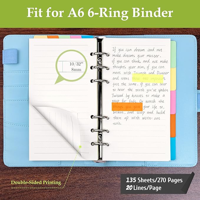 Antner A6 Refill Paper Planner Inserts for A6 6 Ring Notebook Binder, 135 Sheets Lined Filler Paper, 3 Binder Pockets & 10 Dividers & 160PCS Neon Sticky Tabs for Refillable Personal Planners Journals