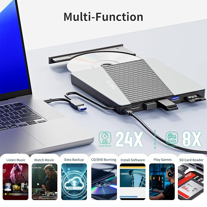 External CD DVD Drive, USB 3.0 USB C Portable CD DVD +/-RW Burner DVD Player for Laptop with SD/Micro SD Card Reader 8 in 1 Hub Compatible with Laptop Mac PC Windows Linux