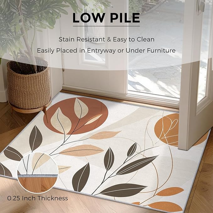 5x6 Abstract Leaves Rugs for Bedroom Decor, Washable Mid Century Modern Pattern Area Rug, Living Room Home Decoration, Non Slip Soft Thin, Modern Botanical Decor Carpet PF-P 117