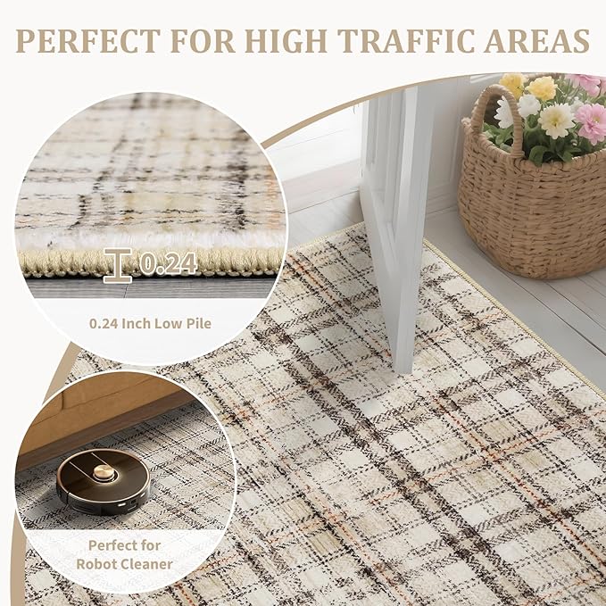 Modern Plaid Washable Rug 10x13 Area Rug for Living Room Soft Large Area Rug for Bedroom Non Shedding Non Slip Throw Rugs Stain Resistant Carpet for Dining Room Nursery Rug 10'x13' Beige