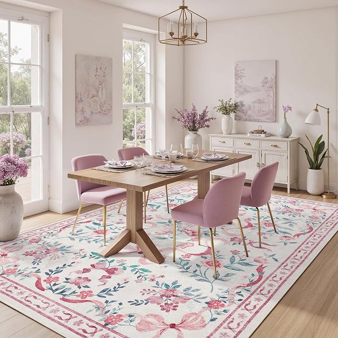 DCX Washable 6x9 Bow Rug, Pink Floral Rug for Girls’ Bedroom, Cute Soft Low Pile Indoor Décor Carpet, Kid & Pet Friendly Nursery Rug for Living Room, Dorm, Playroom