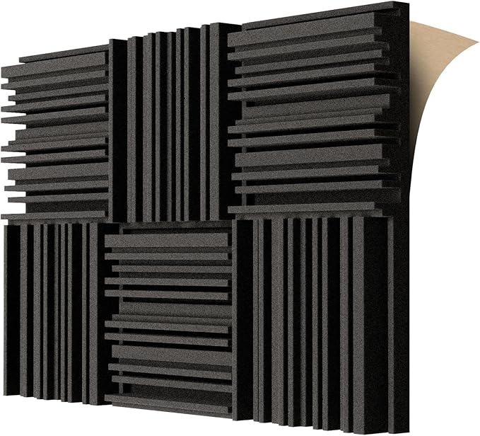 TroyStudio Self-adhesive Acoustic Foam Panels, 12 X 12 X 2 Inches 6 Pcs Broadband Sound Absorbing Foam, Dense Soundproof Padding Tile, Recording Studio Foam Absorber, Groove Decorative Wall Panel