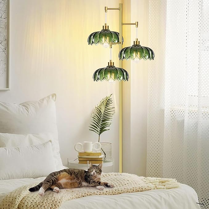 ILLMTW Glass Gold Floor Lamp for Living Room,Bedroom,Mid Century Modern Standing Lamp Brass Tree 3 Light Tall Floor Lamps Vintage Retro Floor Lights Green Flower Lamp Shade Farmhouse Boho Bohemian