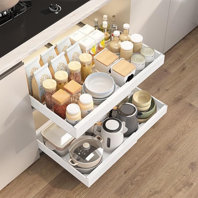 4Pack Expandable Pull-Out Cabinet Organizer 21" Deep Slide Out Drawers, Upgrade 3 Slide Rails, Adjustable Width 12.4”-20.4”, With Screws and Nano Film Adhesive， White