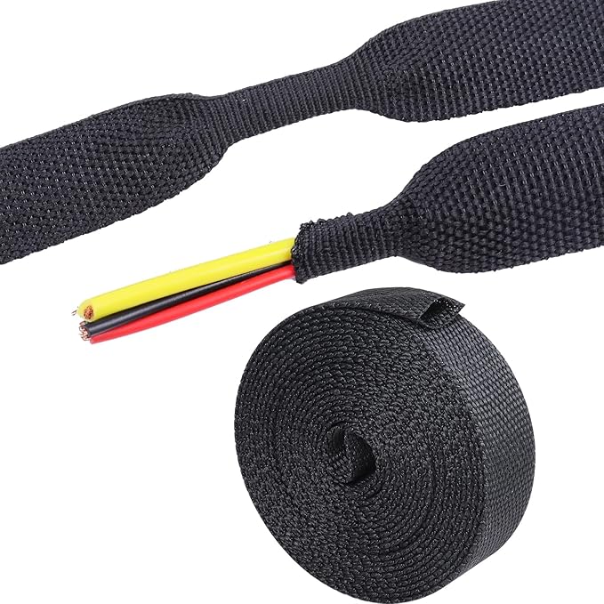 SUNNAREPOON 2:1 Ratio Automotive Heat Shrink Braided Sleeve, Cord Protector, Wear-Resistant Fabric Flat Woven Shrinkable Tubing Wires Hoses Protection (3/8"-15ft)