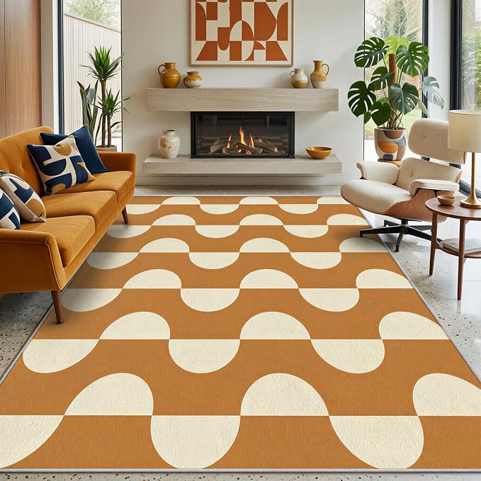 Caramel Dot Wave Area Rug 3 x 4 ft, Mid-Century Modern Geometric Rug, Brown Cream Abstract Washable Rug, Soft Low Pile Non-Slip Carpet for Living Room Bedroom Dining Room
