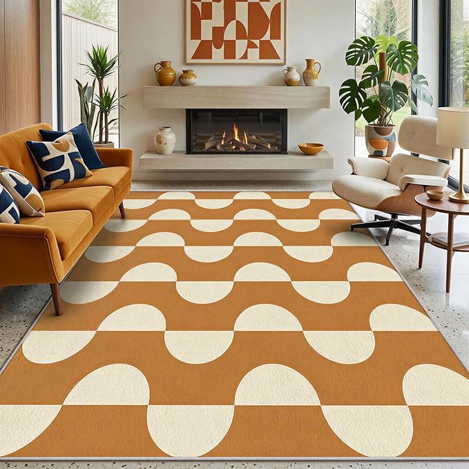Caramel Dot Wave Area Rug 5 x 8 ft, Mid-Century Modern Geometric Rug, Brown Cream Abstract Washable Rug, Soft Low Pile Non-Slip Carpet for Living Room Bedroom Dining Room