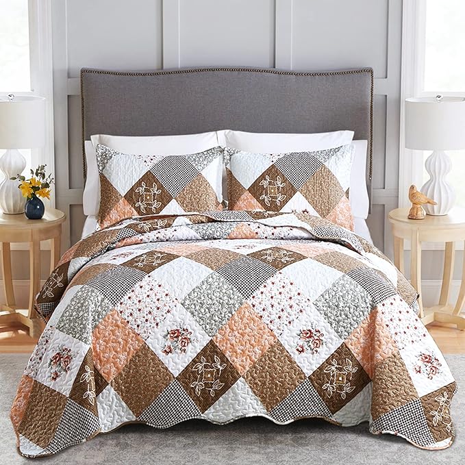 Dinjoy Floral Plaid Patchwork Quilt Set Full Size, Reversible Brown Bedding Set Soft Microfiber Lightweight Bedspread Coverlet 3 Piece Fall Autumn Summer Use (78x90 inches)