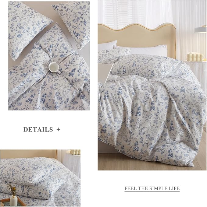 3 Pieces Duvet Cover King Size White Bedding Duvet Cover with Blue Floral Print,Coquette Bedding Soft Cotton Comforter Cover Boho Style,Aesthetic King Bedding Set with Zipper Closure 4 Ties