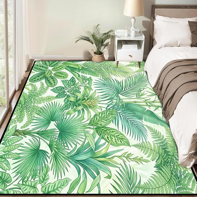 Tropical Leaves Area Rug 6'x9' Green Botanical Palm Fern Leaf Rug Non Slip Washable Indoor Floor Mat for Bedroom Living Room Nursery Kitchen Playroom Home Decor