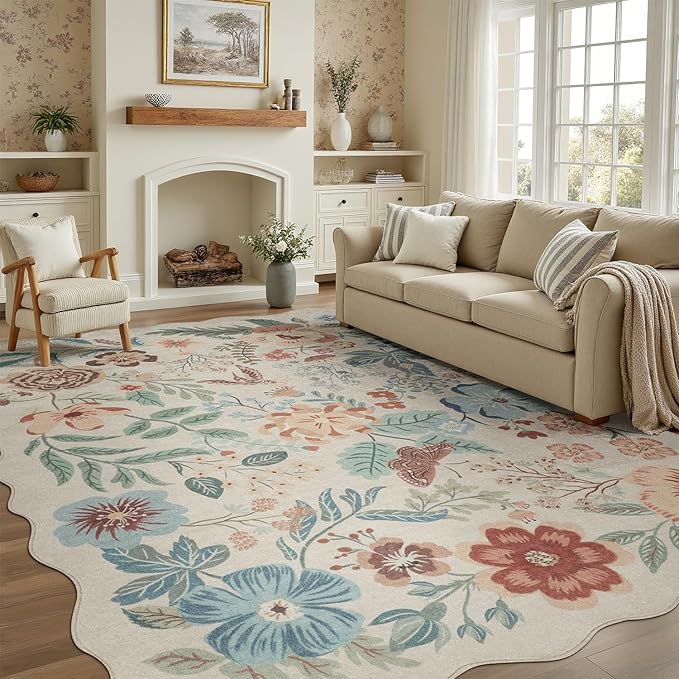 DCX Beige Floral Rug 9x12, Washable Beige Rug for Living Room, Kid & Pet Friendly with Rubber Back Non Slip, Soft Low Pile Carpet, Stain Resistant Rug for Bedroom, Nursery, Dining Room