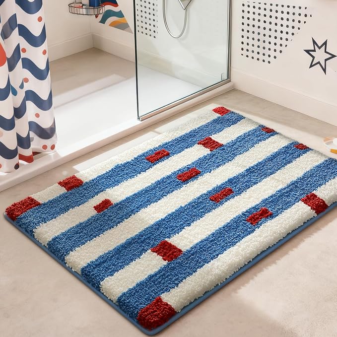 LUMI Bathroom Rugs with Blue White Stripe, Soft Absorbent Bath Mat for Modern Home Decor, Non-Slip Quick-Dry Bath Rug, Machine Washable Floor Mat for Shower and Tub, Entryway, 24"x36"