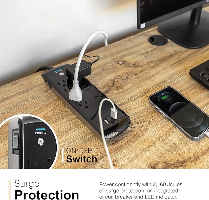 GE 37054 Pro Surge Protector, 7 Outlets + 2 USB, 1780J, 3' Cord, 2.1A, Black