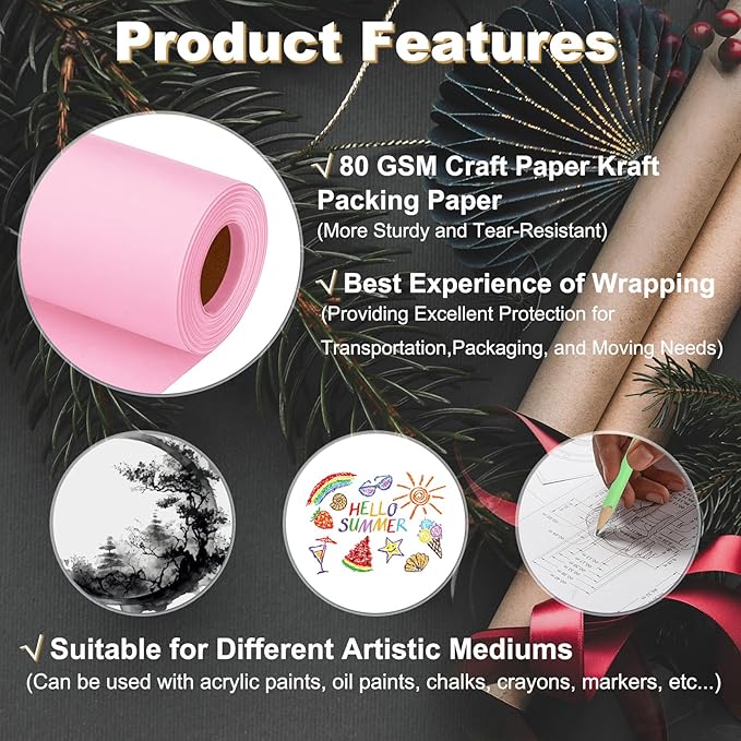 PATIKIL Wrapping Paper, 12"x600"(50') Bulletin Board Paper Roll Kraft Paper Roll Construction 80GSM for Shipping Packing Gift Wrapping Craft Flower Bouquet Christmas, Pink