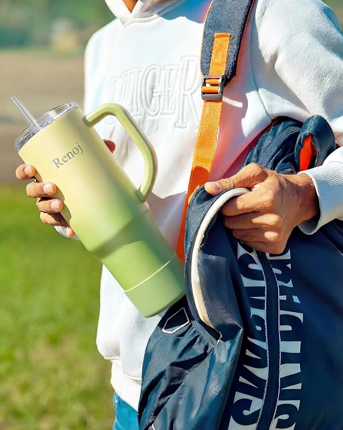 Renoj Tumbler with Handle 100% Spill Resistant Insulated Water Bottle for Iced Coffee & Hot Drinks - Fits Car Cup Holder, Ideal Gift, 2 Straws & Silicone Boot BPA-Free - FlexSlide Green Gradient 32 oz
