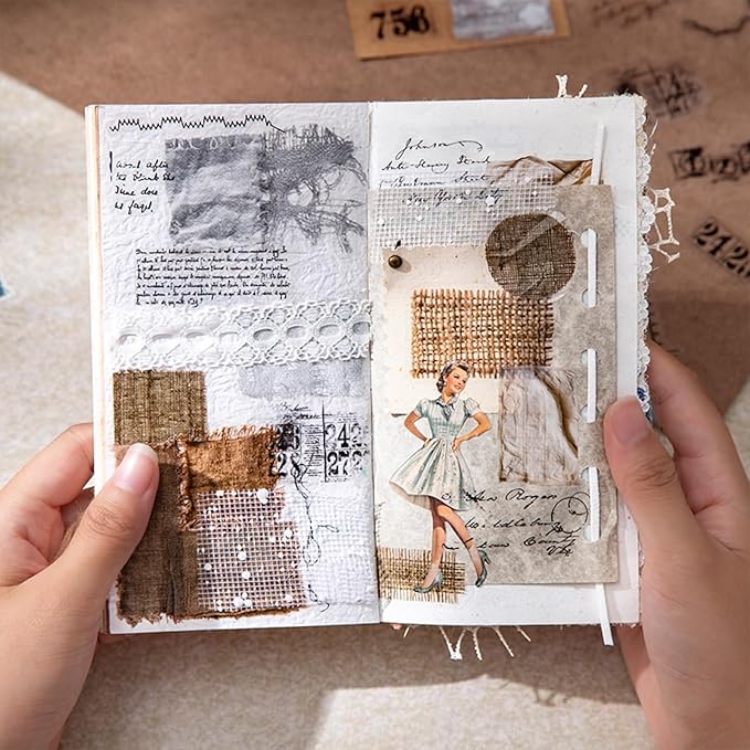 AuriicLeaf Sewing Time Fabric Patch PET Stickers Set, 120PCS Retro Cloth & Denim Pieces - Waterproof Self-Adhesive Scrapbook Junk Journal Collage Embellishments
