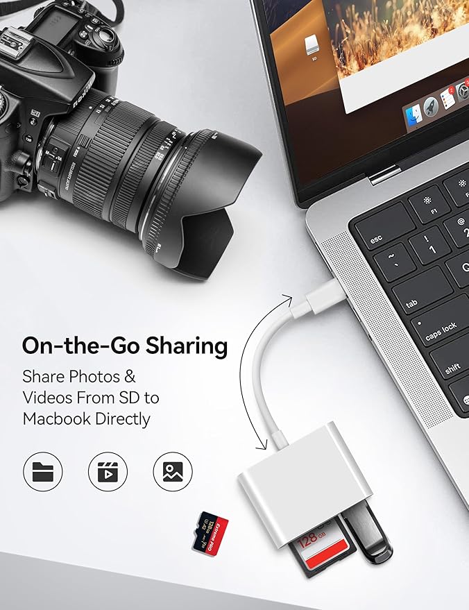 USB C SD Card Reader for iPhone 15 16 iPad Mac 3 in 1 USB-C Memory Trail Camera Card Adapter with Dual Slots & USB Port for Mac MacBook Pro/Air/Mini Android Laptop More USBC Typec Devices
