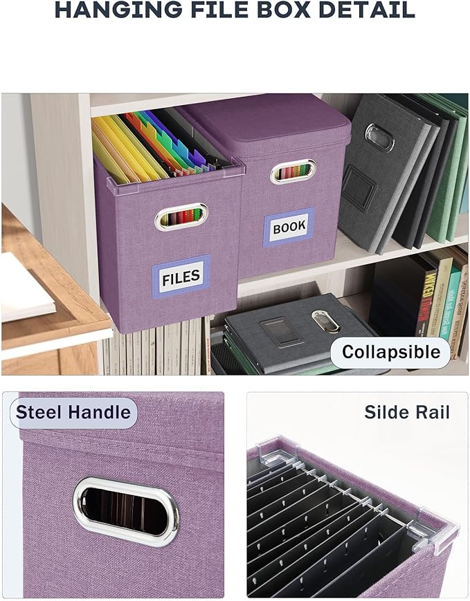 Oterri File Organizer With Lid, Hanging Filing Box With Mesh Pocket, Document Organizer for Letter Files, Portable Storage for Office & Home (2 PCS, Taro Purple)