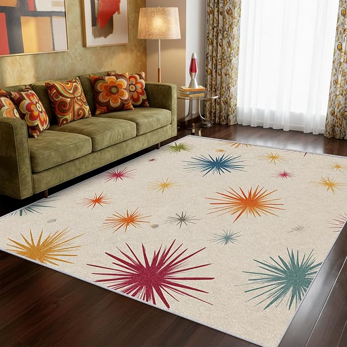 Mid Century Modern Rug Large 8x10 Starburst Atomic Retro 60s 70s Pattern Area Rugs for Living Room, Bedroom, Mid Century Home Decor Accessories Indoor Carpet, Non Slip & Machine Washable