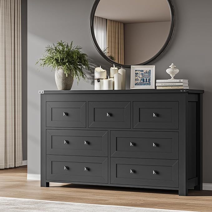 BORNOON 7-Drawer Dresser, Modern Wooden Storage Chest of Drawers, Dresser TV Stand, Wood Drawer Organizer with Metal Handles for Bedroom, Living Room, Hallway