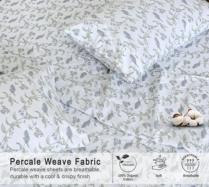 RUVANTI 100% Organic Cotton Sheets California King, Percale Weave, GOTS Certified, 4-Piece Set, Deep Pocket 13", Crisp & Breathable, Soft Durable Bedding, Sábanas Algodón Orgánico – Vine Yard