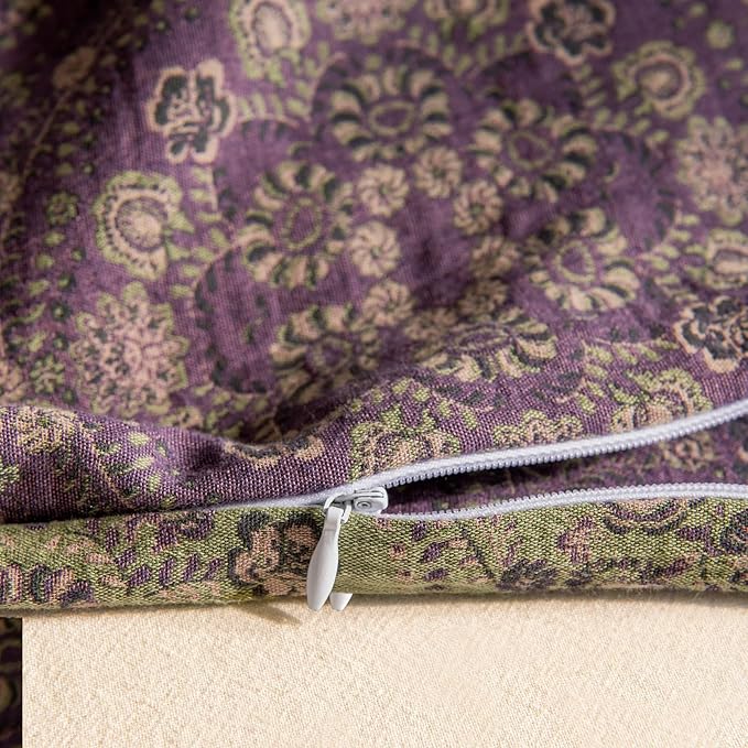 mixinni Purple Green Floral Duvet Cover Queen Size, Elegant Double-Layer Yarn Premium Cotton Vintage Duvet Cover Set, Exquisite Jacquard Design Bedding Set with 2 Pillowcases Perfect for Him and Her