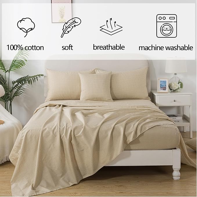 FADFAY Brown Plaid Queen Size Sheets 100% Cotton Geometric Checker Bedding Teens Grid White Gingham Pattern College Bedding Deep Pocket Sheets with 2 Pillowcases Ultra Soft 4pcs, Queen Size