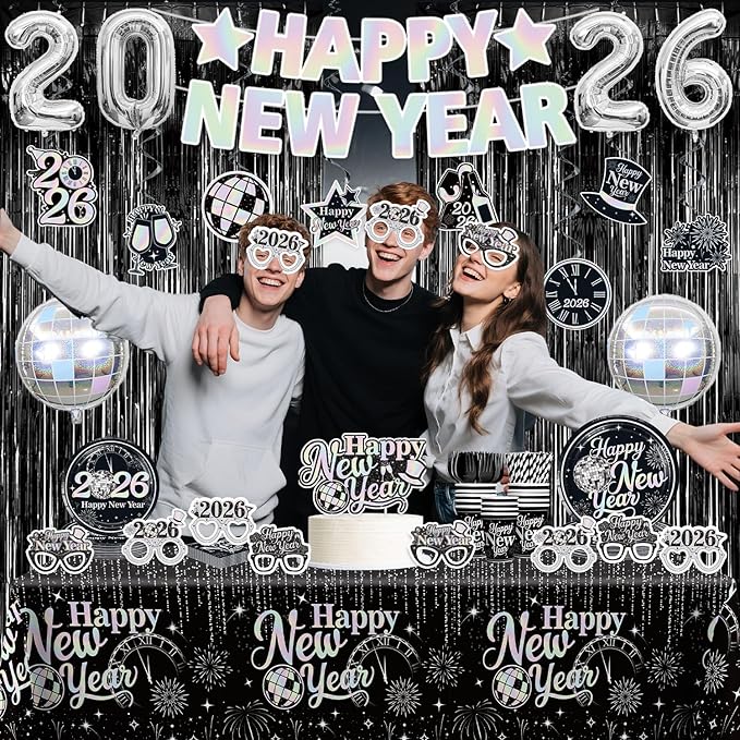 New Years Decorations 2026, New Years Eve Party Banner, Glasses, Foil Balloons, Black Fringe, Happy New Year Plates and Napkins, Silver and Black Nye Party Decorations New Year's Eve Party Supplies