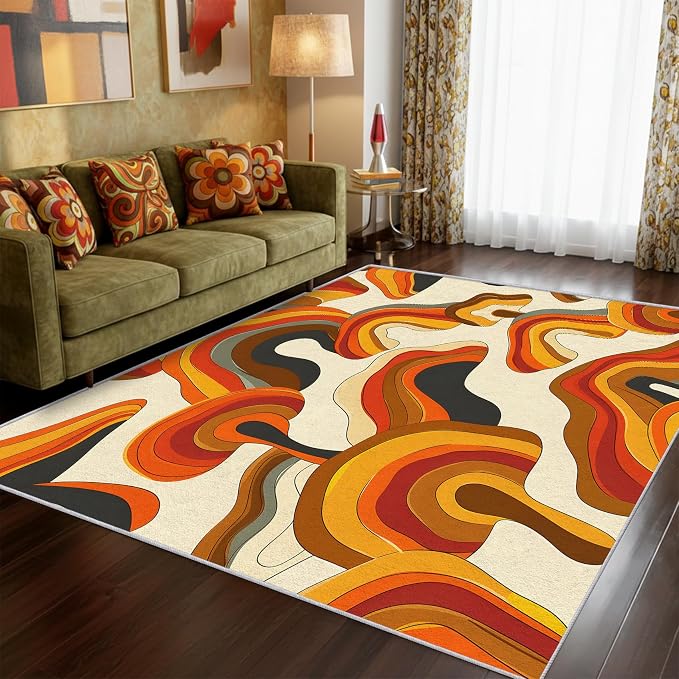 70s Retro Rug Square 8x8 Psychedelic Funky 1970s Abstract Pattern Area Rugs for Living Room, Bedroom, 70s Retro Home Decor Accessories Indoor Carpet, Non Slip & Machine Washable, GD0342