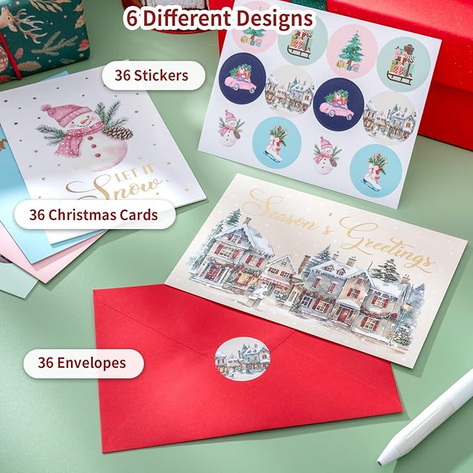 Thboxes Christmas Cards, 36 Pack Merry Christmas Cards with Envelopes & Stickers, 4x6 Inch Holiday Card, 6 Assorted Designs Greeting Card for Xmas