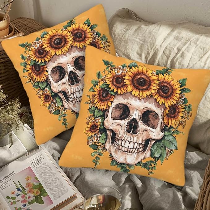 Sugar Skull Throw Pillow Covers 18x18 Set of 2 | Decorative Cushion Cases for Couch, Sofa and Bedroom | Day of The Dead Gifts for Women | Modern Mexican Pillowcases for Home Decor