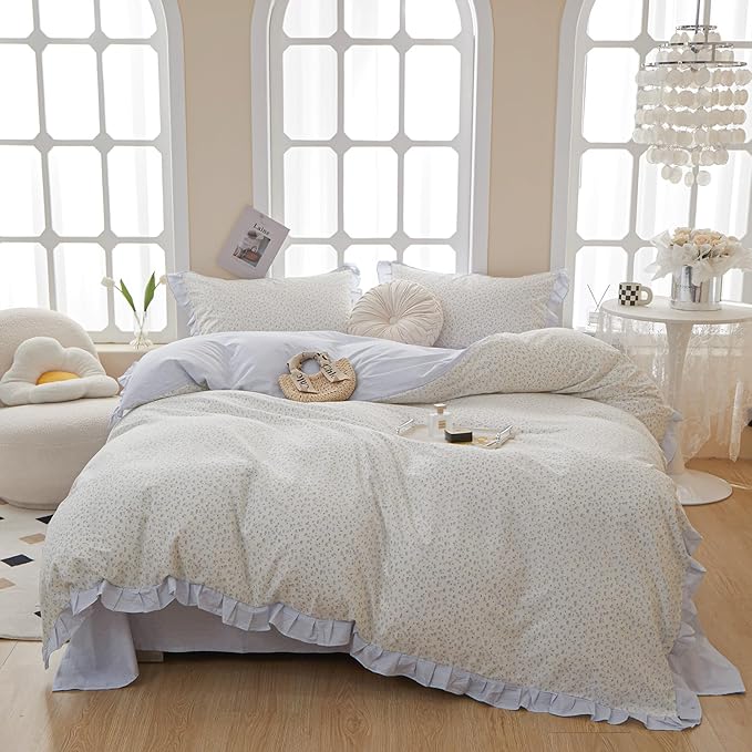 Blue Floral Ruffle Duvet Cover Twin XL White Soft Cotton Lace Duvet Cover Girls Botanical Flower Comforter Cover Romantic Princess Bedding Set Vintage Floral Lace Comforter Cover with Zipper Closure