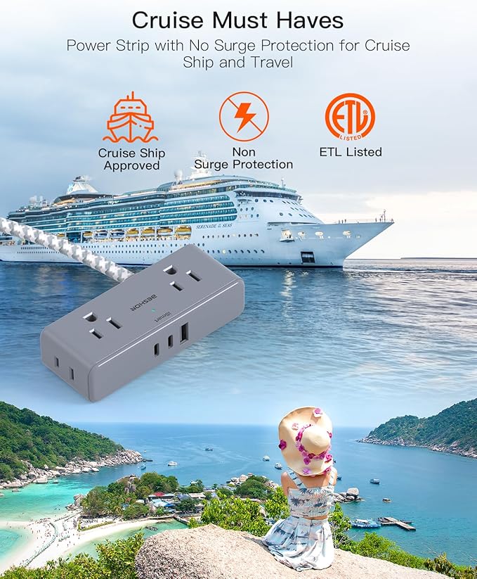 Extension Cord 15 ft, BESHON Flat Plug Power Strip, Long Power Strip, 4 Widely Outlets with 3 USB Ports (2 USB C), Extension Cord with Multiple Outlets for Home, Office, Dorm Room Essentials Gray