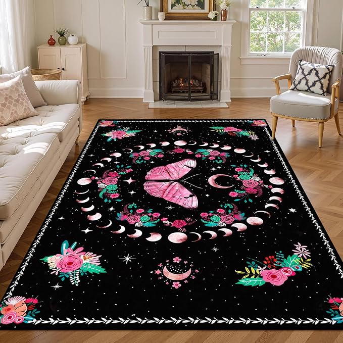 Pink Butterfly Area Rug 4'x6' Moon Phase Floral Rugs for Bedroom Living Room Kitchen Nursery Playroom Home Decor Boho Gothic Butterfly Carpet Non-Slip Washable Floor Mat