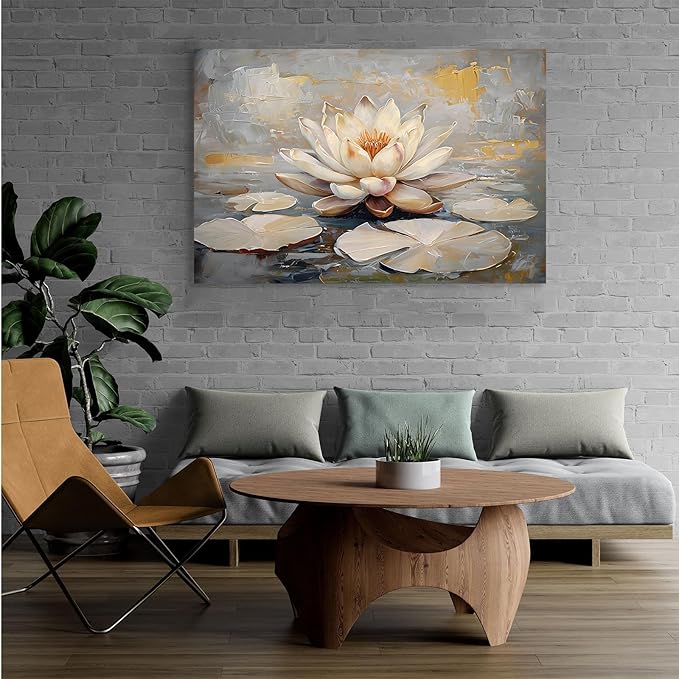 Ethereal white lotus floating on Crystal Waters poster vintage oil painting printwall art soft blush and gold accents serene home and office decor dreamy 24x36in Frameless