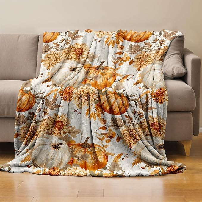 Fall Pumpkin Floral Throw Blanket Gifts for Boys Girls Kids Adults, Autumn Harvest Theme Flannel Blankets for Travel Sofa Living Room Decor 50"X60"